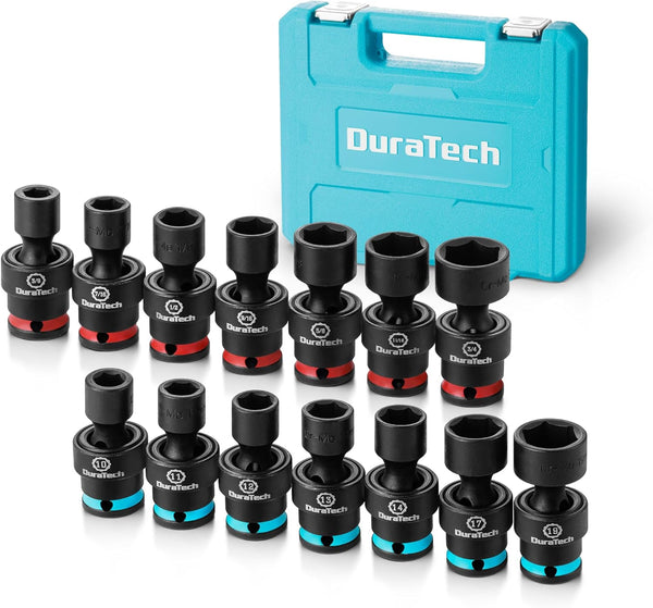 DURATECH 3/8" Drive Impact Swivel Socket Set, Shallow Universal Wobble Socket, Sae&Metric Socket Set with Flexible Joint, 14 Pieces, Cr-Mo Steel,