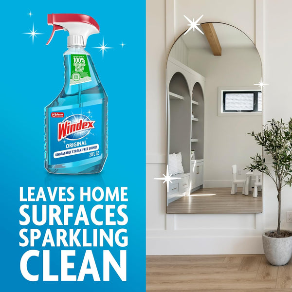 Windex Glass and Window Cleaner Spray Bottle, Packaging Designed to Prevent Leakage and Breaking, Surface Cleaning Spray, Original Blue Scent, 23