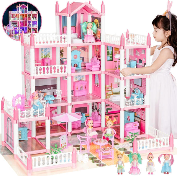 Doll House, Dream Dollhouse for Girls Pretend-Play DIY Dollhouse Kit - 4-Story 11 Rooms Playhouse with 4 Dolls Toy Figures, Furniture and