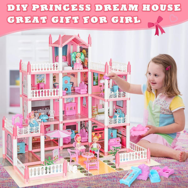 Doll House, Dream Dollhouse for Girls Pretend-Play DIY Dollhouse Kit - 4-Story 11 Rooms Playhouse with 4 Dolls Toy Figures, Furniture and