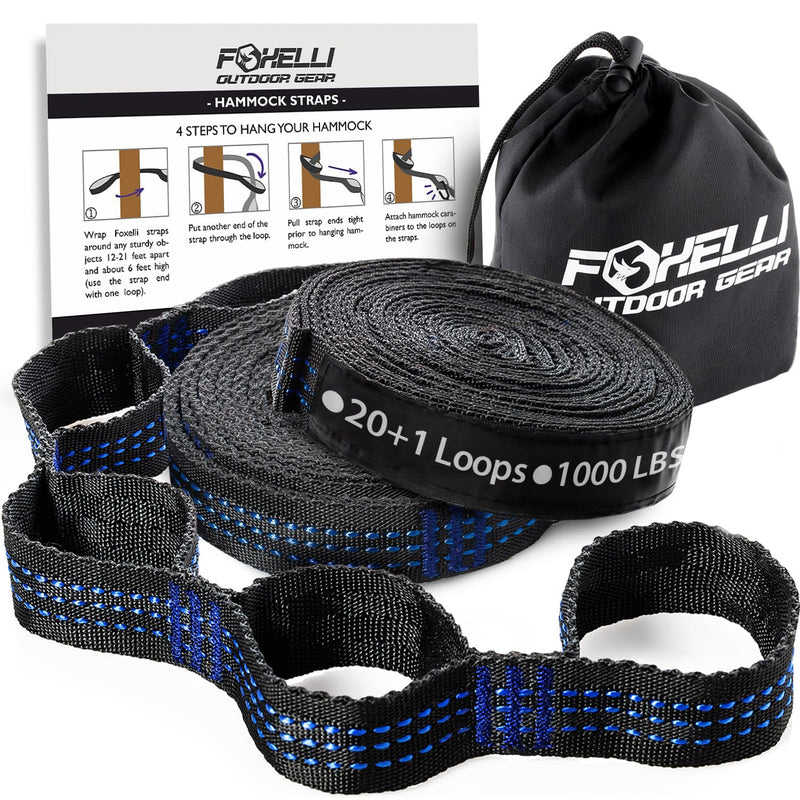 Foxelli XL Hammock Straps - Extra Long 20FT Heavy Duty No-Stretch Suspension System, 40+2 Loops, 2000 LBS Capacity, for Indoor/Outdoor Use â Set