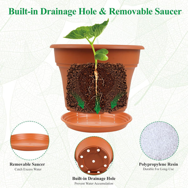 8 Inch Plastic-Flower Pot-For-Indoor Plants, 4 Pack Large Outdoor Planter Pot with Drainage Holes & Saucers, Resin Decorative Garden Pots Planters