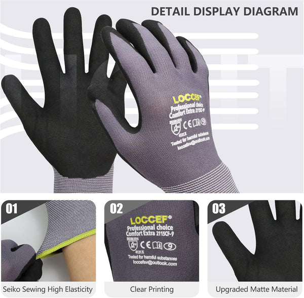 Work Gloves Microfoam Nitrile Coated-6 Pairs,Seamless Knit Nylon Gloves,Gray Work Gloves
