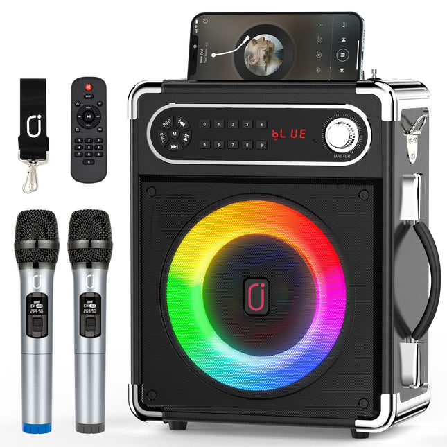 JYX Karaoke Machine with Two Wireless Microphones, Portable Bluetooth Speaker with Bass/Treble Adjustment, PA System wit