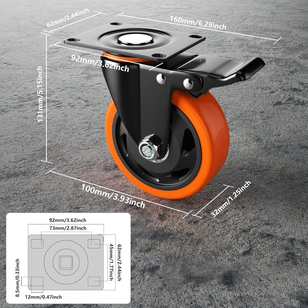 4 Inch Caster Wheels, Casters Set of 4, Heavy Duty Casters with Brake 2200 Lbs, Locking Industrial Swivel Top Plate Casters Wheels for Furniture