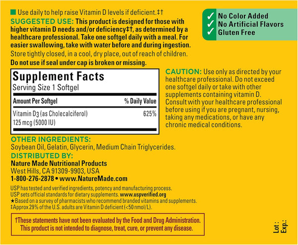 Nature Made Extra Strength Vitamin D3 5000 IU (125 Mcg), Dietary Supplement for Bone, Teeth, Muscle and Immune Health Support, 360 Softgels, 360