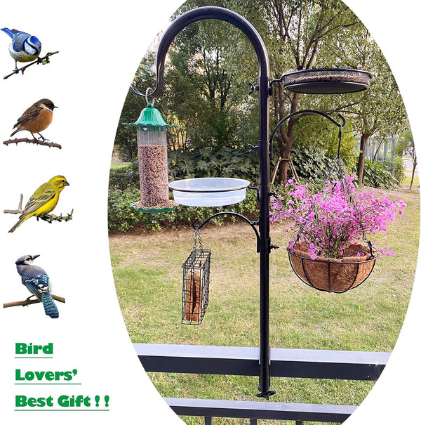 Upgraded Bird Feeding Station Kit,Deck Railing Mounted Birds Feeder Pole for Balcony with 3 Hooks,Bird Bath,Metal Mesh Tray and Suet