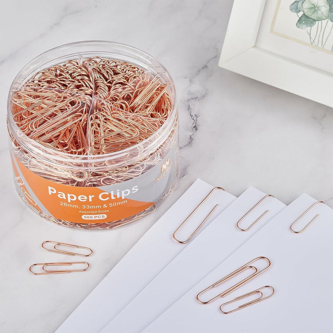 500Pcs Rose Gold Paper Clips Assorted Sizes Small, Medium and Large Paperclips for Paperwork Ideal for Home, School and Office Use
