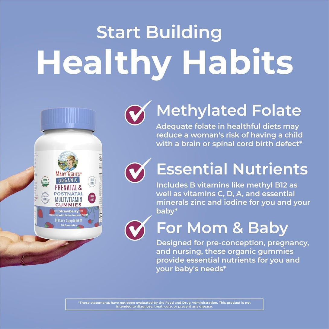Maryruth Organics Prenatal Vitamins for Women | USDA Organic Prenatal Gummies | Postnatal Vitamins for Women Breastfeeding | Methylfolate 800 Mcg DFE | Iodine | Vegan | Non GMO | 30 Servings