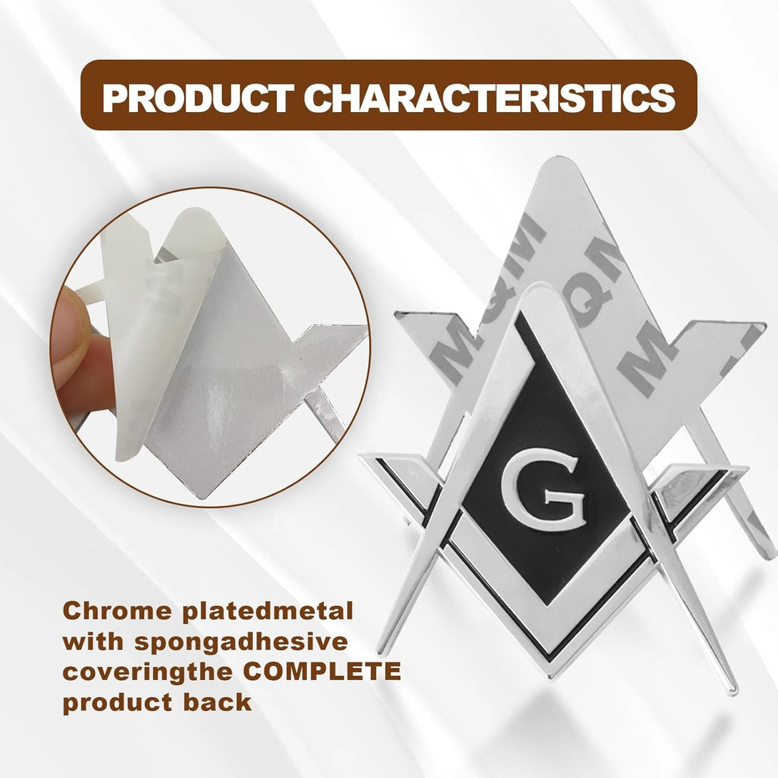 2Pcs Masonic Car Emblem 2.75" Compass Auto Truck Metal Decal, Mason Square Auto Motorcycle Gift Automobile Decoration Accessories