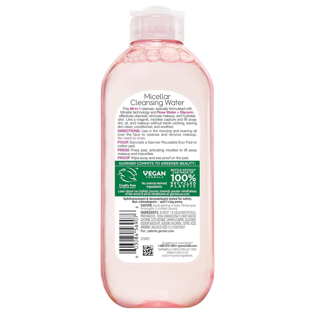 Garnier Micellar Water with Rose Water and Glycerin, Hydrating Facial Cleanser & Makeup Remover, for All Skin Types, Vegan, Cruelty Free, 13.5 Fl Oz (400Ml), 1 Count