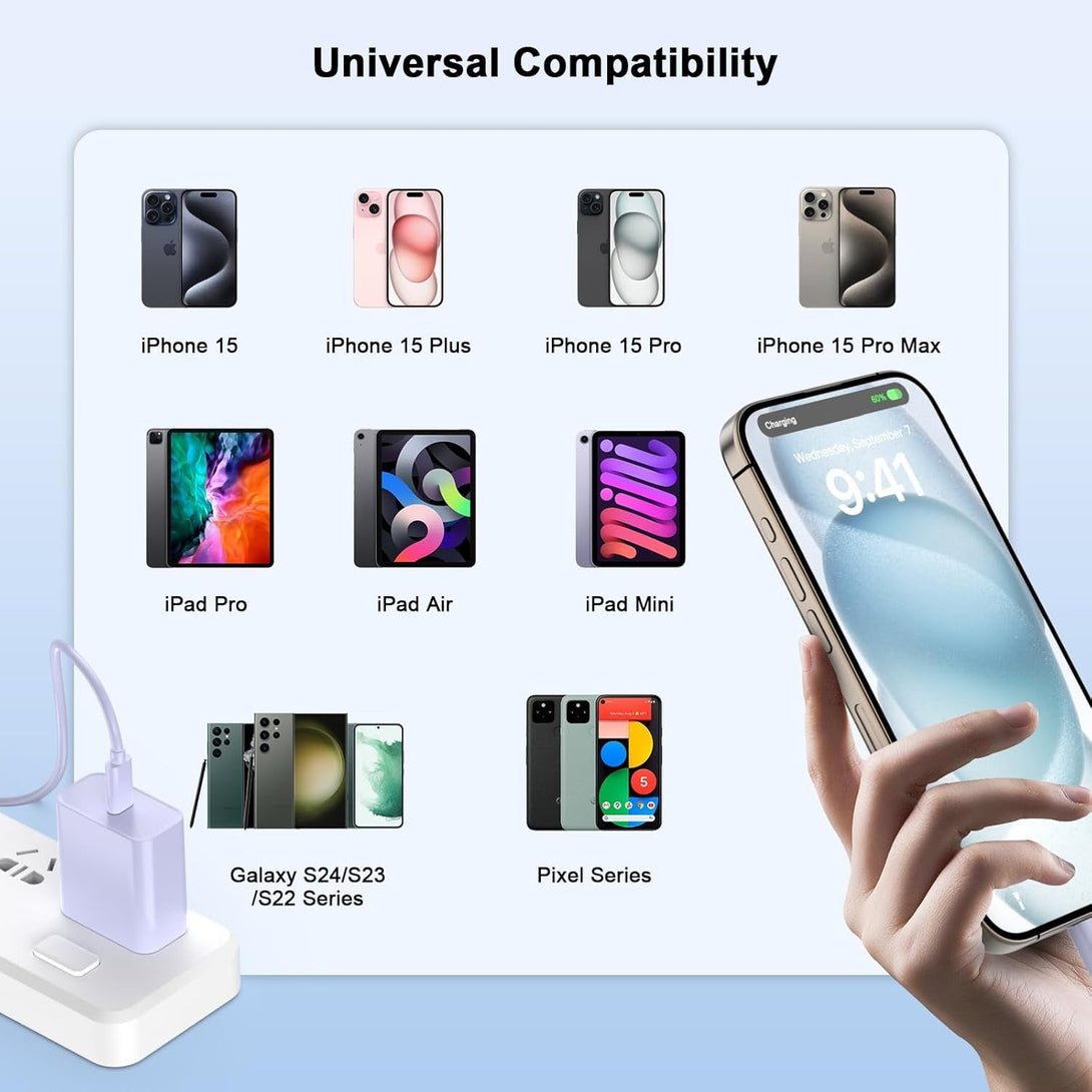 20W USB C Wall Charger Fast Charging Compatible for Iphone 16/16 Plus/16 Pro/16 Pro Max/15/15 Pro/15 Pro Max/15 Plus, 2 Pack Iphone 16 15 Charger Block with 10FT Type C Charging Cable, Purple