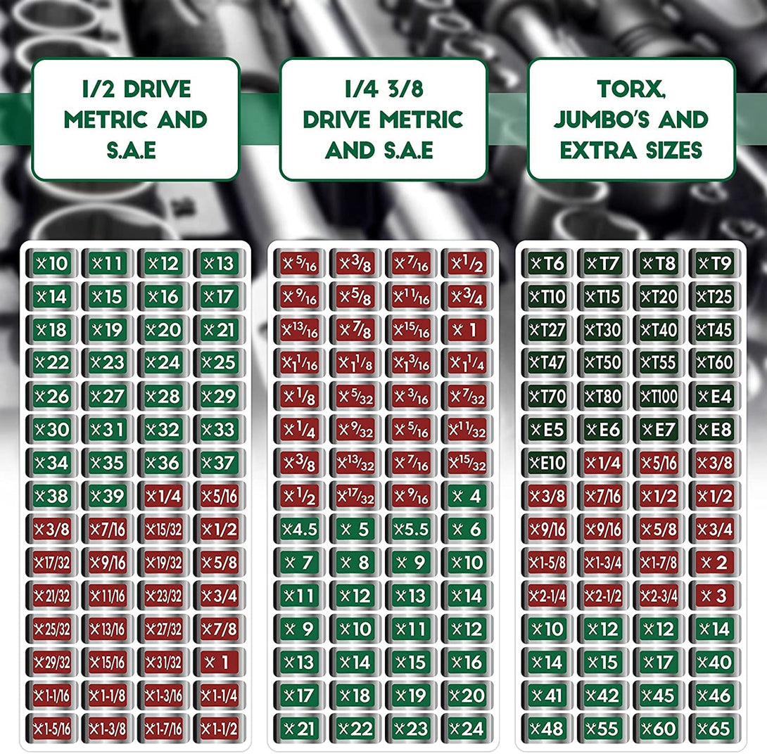 180 Pcs Tool Box Labels Stickers and Decals Wrench Size Chrome Socket Labels Foil for Socket Sets Tools, 3 Colors