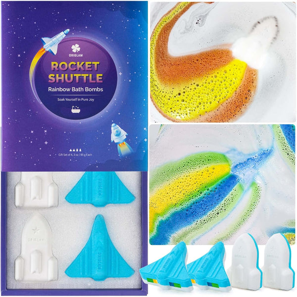 Space Rocket Bath Bombs for Kids Boys, 4 XL Natural & Organic Kids Bath Bombs with Surprise Color Inside, Rainbow Bath Bombs for Kids Bubble Bath, Halloween Christmas Birthday Gifts for Men