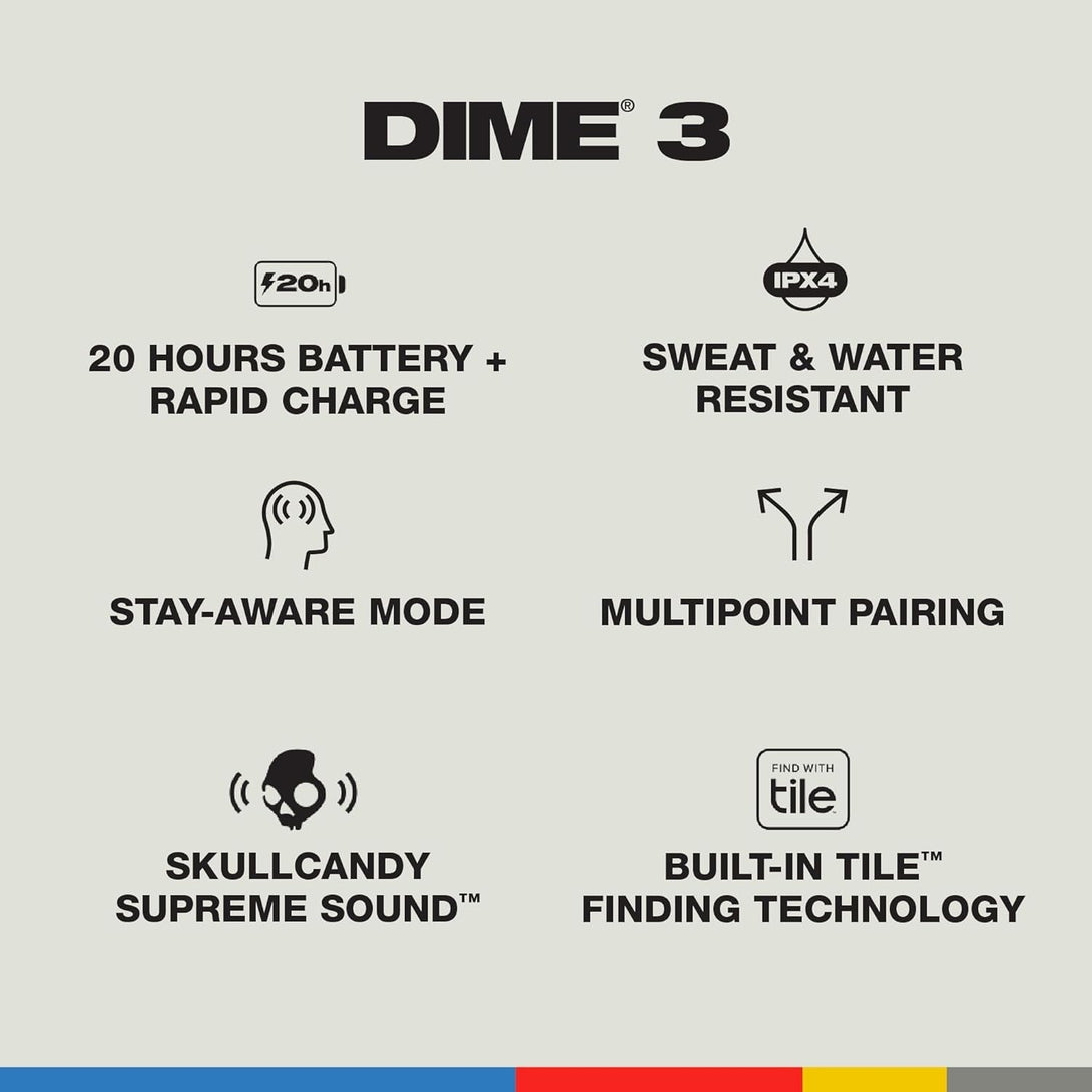 Skullcandy Dime 3 Wireless Earbuds, Bluetooth Headphones, Noise Isolating Fit, up to 20 Hours Battery, Microphone for Iphone Android, Easy Carry with Integrated Lanyard - True Black