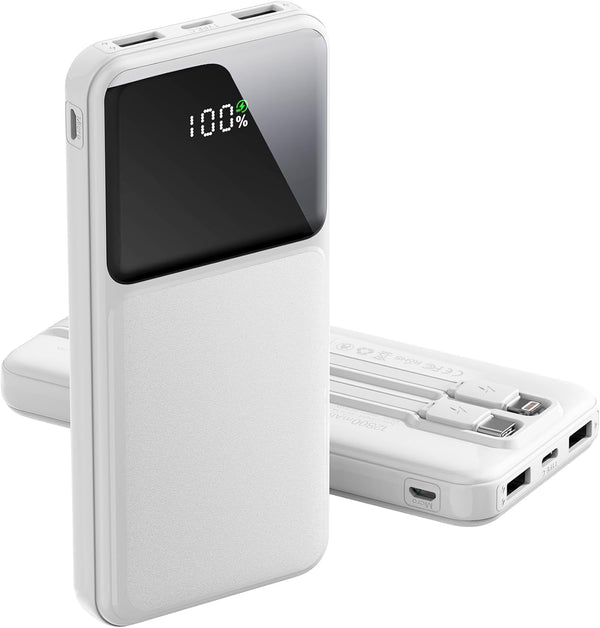 12800Mah Portable Charger with Built in Cables, 22.5W 3A High Speed Charging Travel Essentials, LED Display Slim Powerbank, 4 Outputs 2 Inputs Built-In USB C&Lightning Cables for Iphone Ipad Android