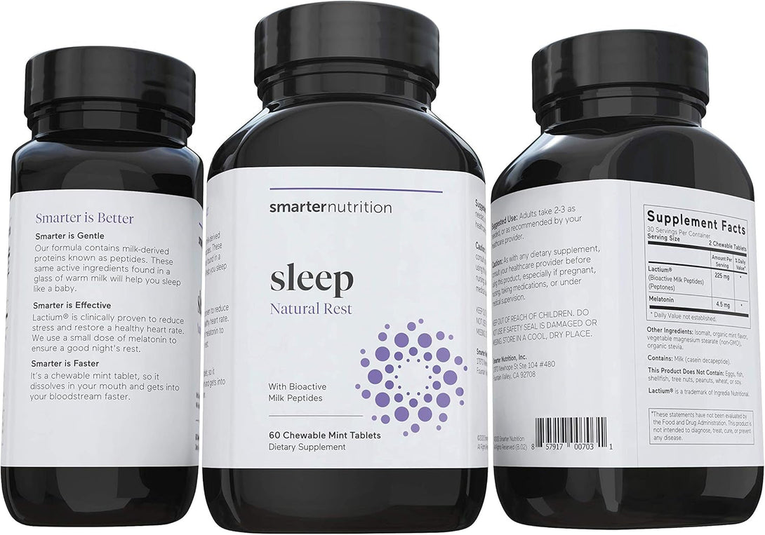 Smarter Nutrition Smarter Sleep Melatonin Dissolvable Tablets 4.5 Mg + Natural Clinically Proven Lactium® for Sleep & Stress Support - Mint Flavor Melatonin Tablets - Non-Gmo-60 Count[30-Day Supply]