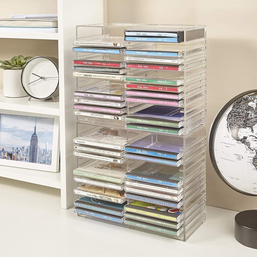 Stori Stackable Clear Plastic CD Organizer with Rubber Feet | Rectangular Jewel Cases Holder Perfect for Theatre Room | Holds up to 30 CD Cases | Made in USA