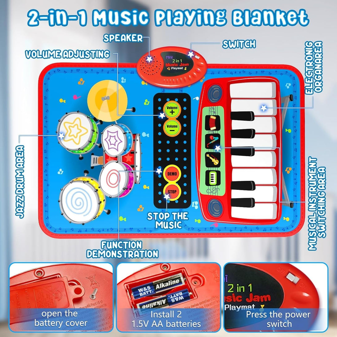 2-In-1 Musical Mat Toys for 1 2 3 4 5 Year Old, Piano Keyboard & Drum Set with 2 Drum Sticks, Early Educational Musical Learning Toys Birthday for 1 2 3 4 5 Year Old Boys & Girls, Blue