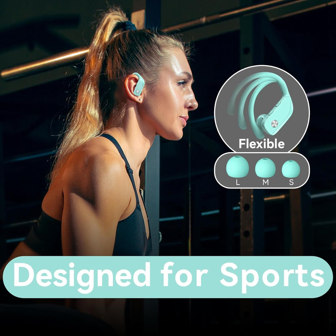 Bmani Wireless Earbuds Bluetooth Headphones 48Hrs Play Back Sport Earphones with LED Display Over-Ear Buds with Earhooks Built-In Mic Headset for Workout Mint Green