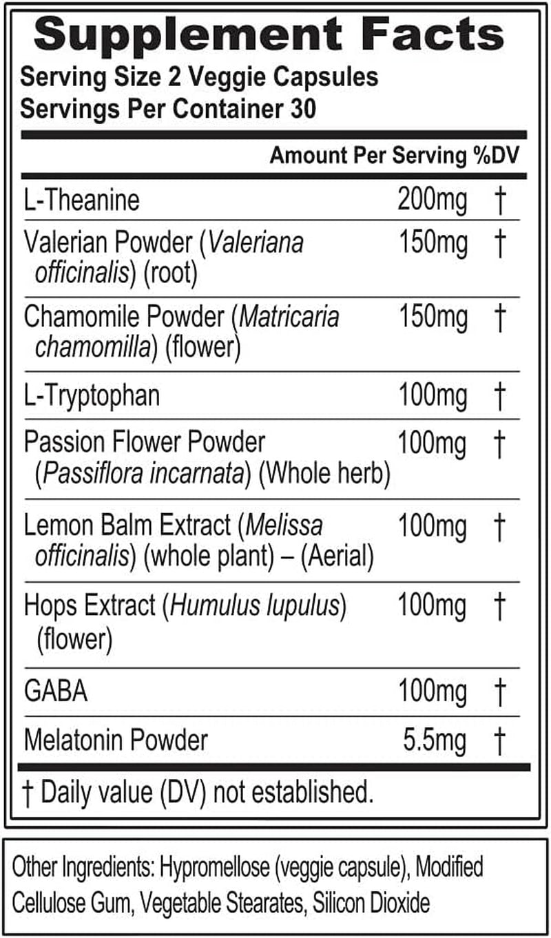 Evlution Nutrition Herbal Complex Sleep Supplements for Adults Gentle Sleep Support Adult Melatonin Pills with Valerian L-Tryptophan Lemon Balm and More - Restful Calm Capsules - 30 Servings