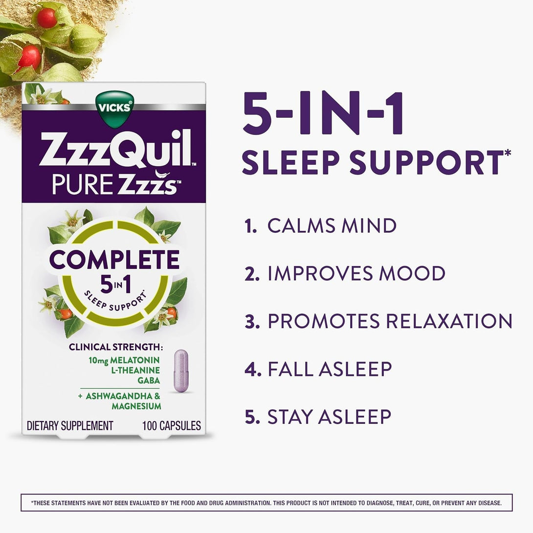 Zzzquil Pure Zzzs Complete Sleep, Melatonin 10Mg, L-Theanine, GABA, with Ashwagandha, and Magnesium, Melatonin Sleep Aid, 100 Count
