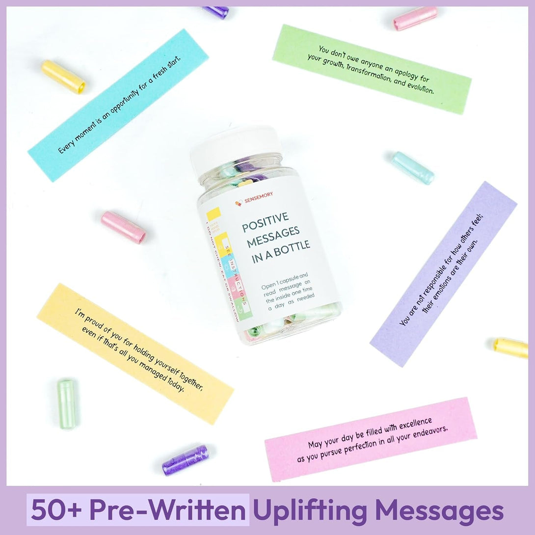50 Positive Messages in a Bottle - Unique Stress Relief and Wellness Gifts for Men and Women - Desk Accessories for Meditation and Self Care - Xmas Gifts