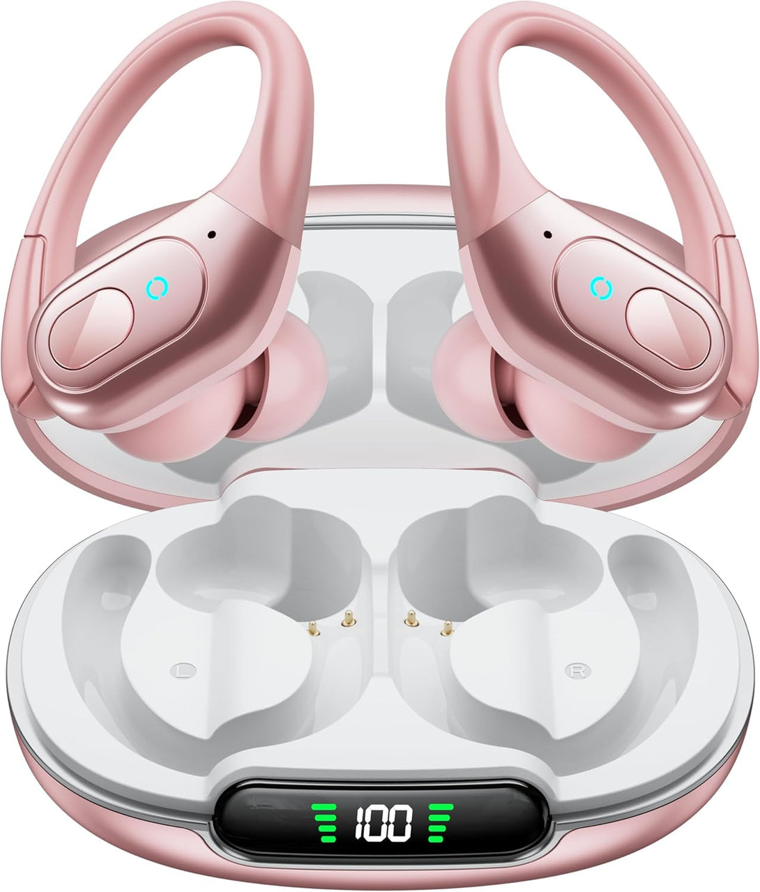 Occiam Wireless Earbuds Bluetooth Headphones 90H Playback Sport Ear Buds with Earhook LED Display Charging Case in Ear Sweatproof Running Earphones for Workout Ios Android Cellphone,Rose Gold