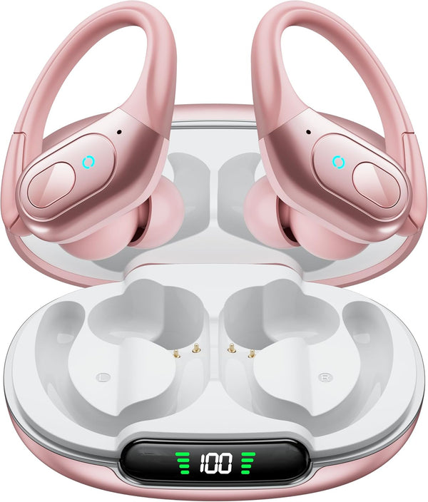 Occiam Wireless Earbuds Bluetooth Headphones 90H Playback Sport Ear Buds with Earhook LED Display Charging Case in Ear Sweatproof Running Earphones for Workout Ios Android Cellphone,Rose Gold