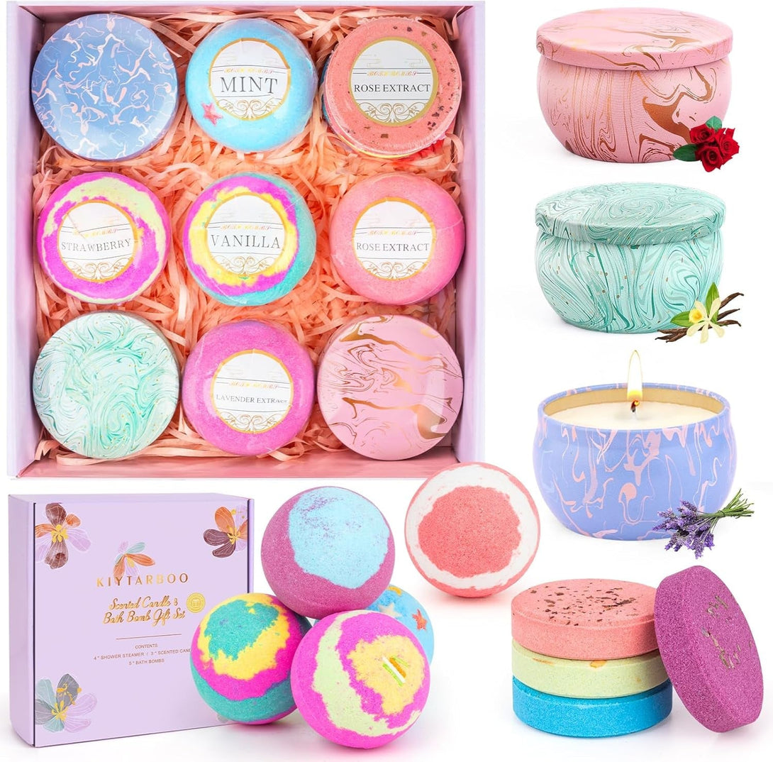Bath Bombs for Women Gift Set - Bath Sets for Women Gift - 5 Large Bath Bomb Set with 4 Shower Steamers & 3 Candles - Birthday/Thanksgiving/Mother'S Day Gifts