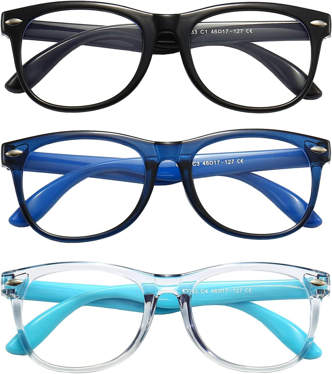 3 Pack Kids Blue Light Blocking Glasses for Girls and Boys Computer Blue Light Blocking Glasses for Age 3-9 (Black + Dark Blue + Light Blue)