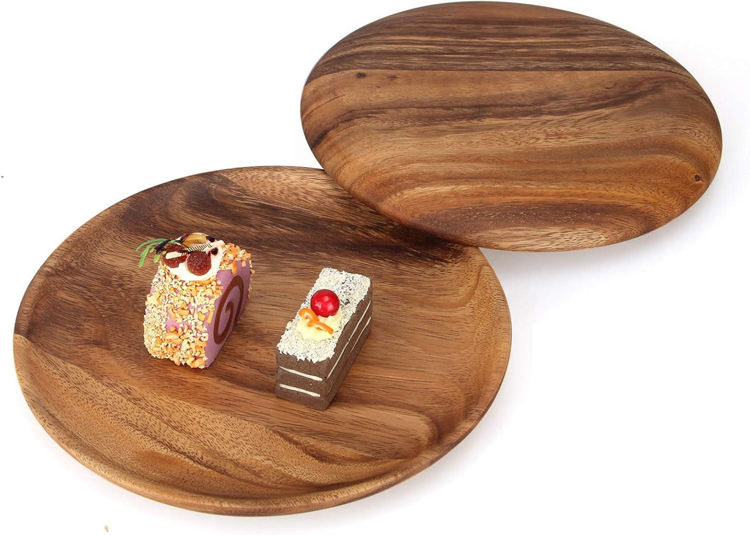 2 Pcs 10 Inch Acacia Wood Dinner Plates for Eating Wooden round Charcuterie Boards Serving Platters for Food Dishes Cheese Tray Dessert Salad Plate Wood Charger Plates