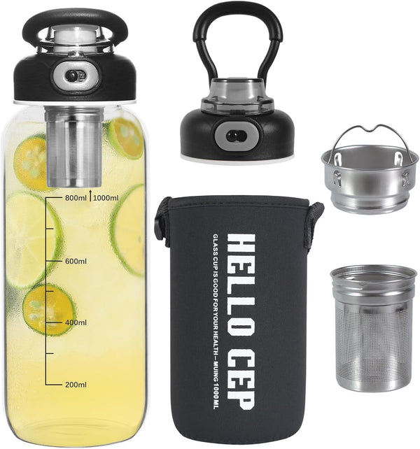 34Oz Glass Water Bottle - Large Capacity Drinking Bottles, with Time Mark, Stainless Steel Tea Strainer,Sleeve, BPA Free,For Hot or Cold Drinks, Coffee, Tea and Water (34Oz)