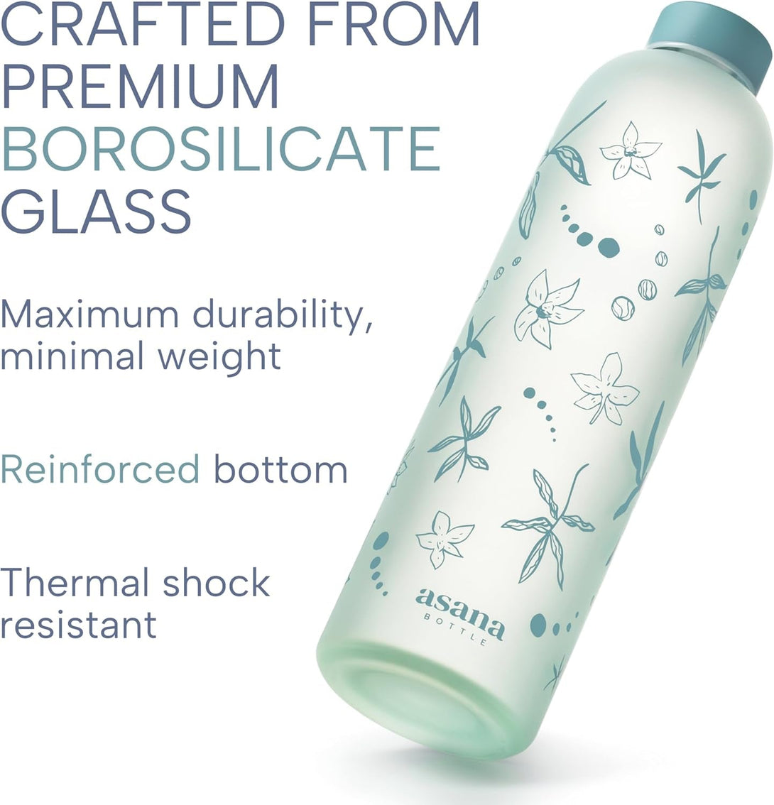 32 Oz Glass Water Bottle with Time Marker, BPA Free Borosilicate Glass, Premium Leakproof Reusable Water Bottle with Times to Drink (Sage Serenity)