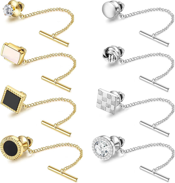 THUNARAZ 8 Pcs Tacks for Men Regular Ties Necktie 14K Gold Plated Pins with Chain for Wedding Business Anniversary
