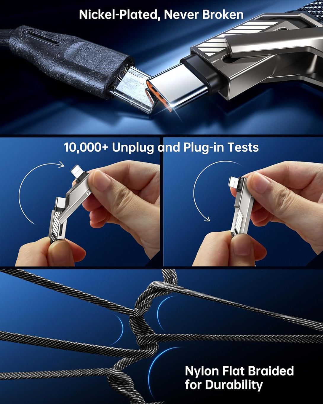 4-In-1 USB C Cable 5FT Lightn-Ing Cable 90 Degree Fast Charging Flat Nylon Braided for Iphone/Ipad Charger Cord Multi Charge Cord with Lightn-Ing/Usb C/USB a Ports (SHEZI Series)
