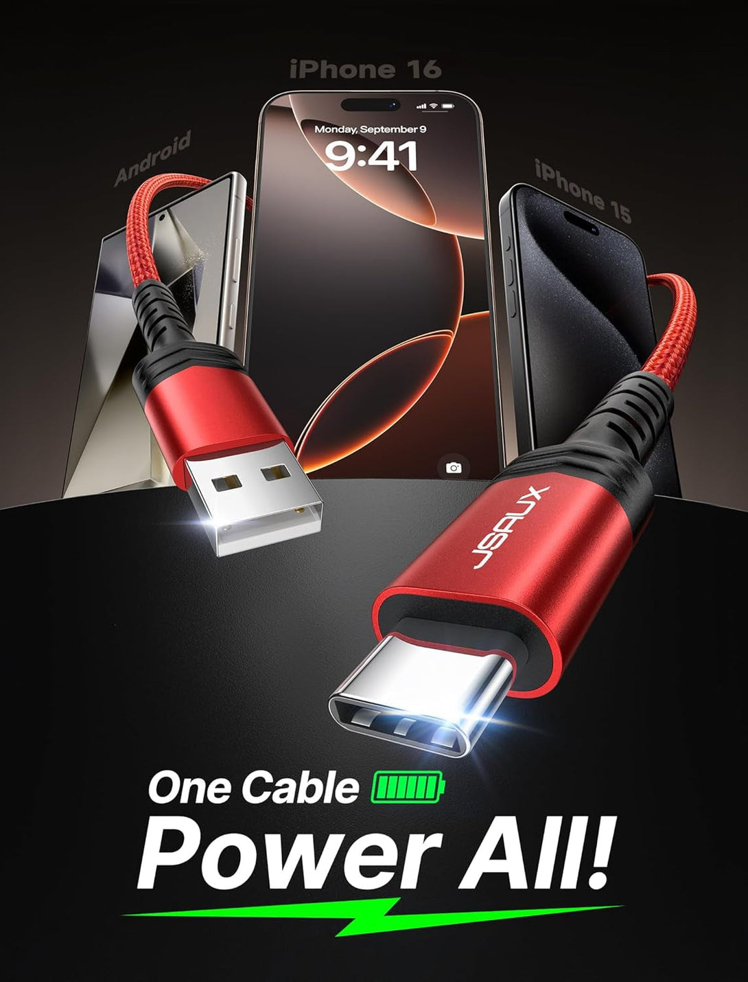 JSAUX USB C Cable [2-Pack 6.6Ft], USB a to USB Cord 3.1A Fast Charging Compatible with Iphone 16/16 Plus/16 Pro/16 Pro Max/Iphone 16E/Iphone 15 Series, Samsung S20 S10 S9, Note 20 10, Car Play - Red