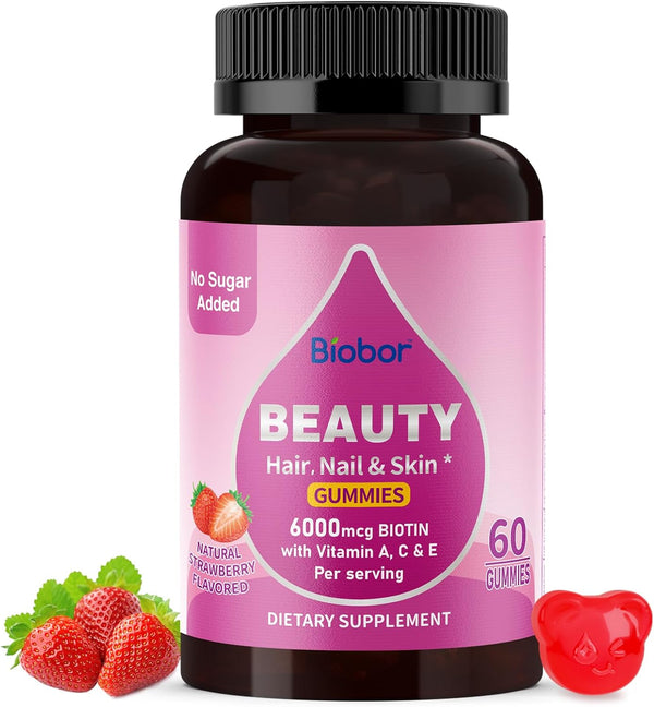 Beauty Gummies No Sugar Added, Hair Skin and Nails Gummies with Vitamins a C E, Natural 6000Mcg Biotin Gummies for Women Men, GMO Free, Gluten Free (Strawberry, 60 Count)