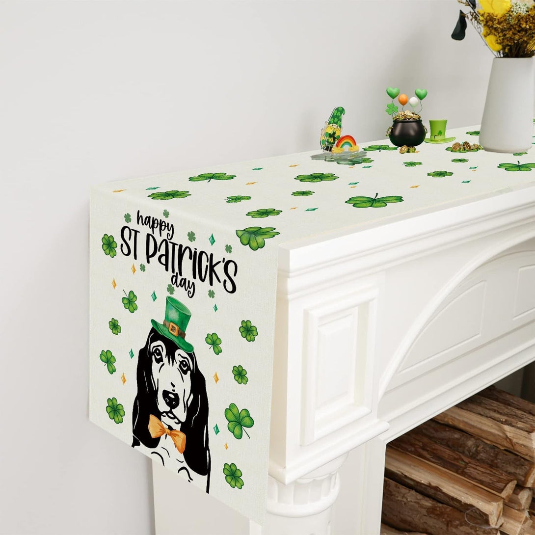 GPGHE St Patricks Day Table Runner Basset Hound Dog Shamrock Table Runners Seasonal Holiday Party Kitchen Dining Table Decorations Indoor Outdoor Home Decor 13X72 Inch