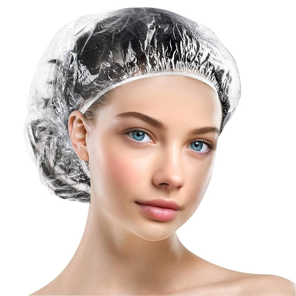 100PCS Disposable Shower Caps, Bath Caps Larger Thick Clear Waterproof Plastic Elastic Hair Shower Cap Treatment Hotel Travel Essentials Accessories for Women Deep Conditioning Hair Care