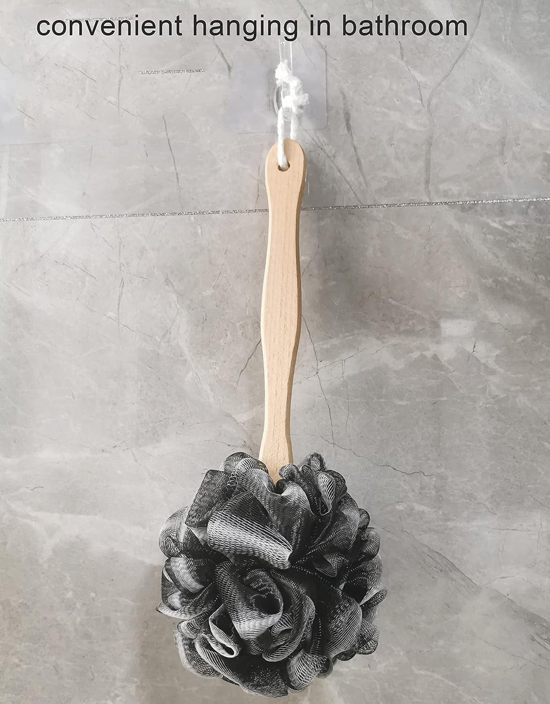 Shower Sponge Loofah Back Scrubber,Loofah on a Stick,Pe Soft Mesh Loofah Body Scrubber with Wooden Handle,Bath Sponge for Women Kids (Black)