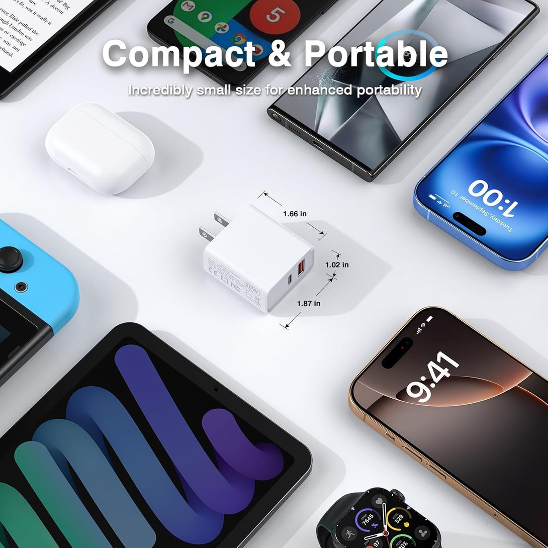 3 Pack USB C Wall Charger, 20W Durable Dual Port QC+PD 3.0 Power Adapter, Double Fast Plug Charging Block for Iphone 13/14/15/16/16 Pro/Pro Max/Plus, XS/XR/X, Watch Series 8/7 Cube，White