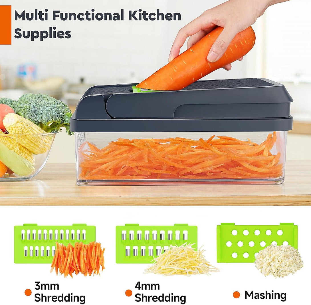 12-In-1 Vegetable Chopper, 7 Blade Veggie Chopper, Practical Food Chopper with Container, Cheese Grater, Home Essentials & Kitchen Gadgets(Green/Grey)