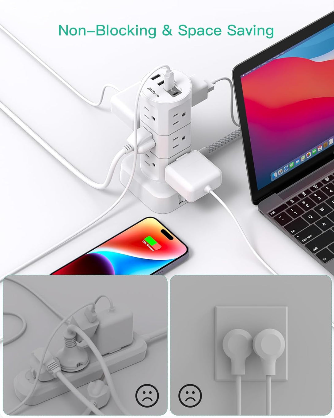 Power Strips with Surge Protection, Flat Plug Power Strip with 12 Outlets 4 USB Ports, Surge Protector Tower 1875W/15A 1080J, 6Ft Extension Cord with Multiple Outlets, Office Supplies, Dorm Essentials
