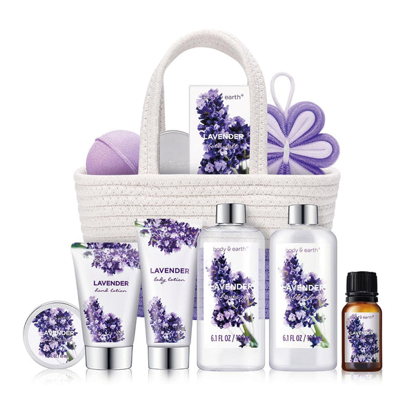Spa Gift Baskets for Women - Body & Earth 11Pcs Lavender Gift Sets with Bubble Bath, Shower Gel, Body Lotion, Birthday Gifts for Women, Spa Kit for Mom Gifts, Purple Gifts