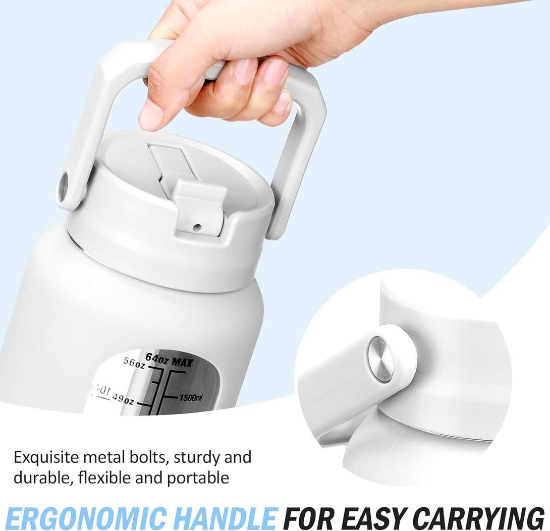 64 Oz Glass Water Bottle with Straw and 2 Lids, Half Gallon Water Bottle with Sleeve, Large Insulated 2 Liter Glass Water Jug Time Marker with Handle