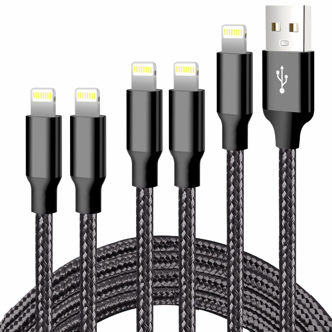 Iphone Charger, 5 Pack 3/3/6/6/10FT Apple Mfi Certified USB Lightning Cable Nylon Braided Fast Charging Cord Compatible for Iphone 14/13/12/11/X/Max/8/7/6/5/Se/Plus/Ipad - Black