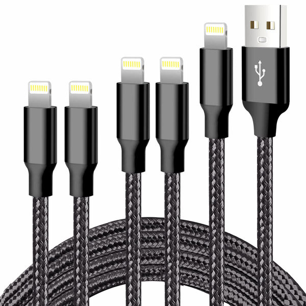Iphone Charger, 5 Pack 3/3/6/6/10FT Apple Mfi Certified USB Lightning Cable Nylon Braided Fast Charging Cord Compatible for Iphone 14/13/12/11/X/Max/8/7/6/5/Se/Plus/Ipad - Black