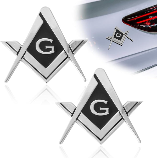 2Pcs Masonic Car Emblem 2.75" Compass Auto Truck Metal Decal, Mason Square Auto Motorcycle Gift Automobile Decoration Accessories