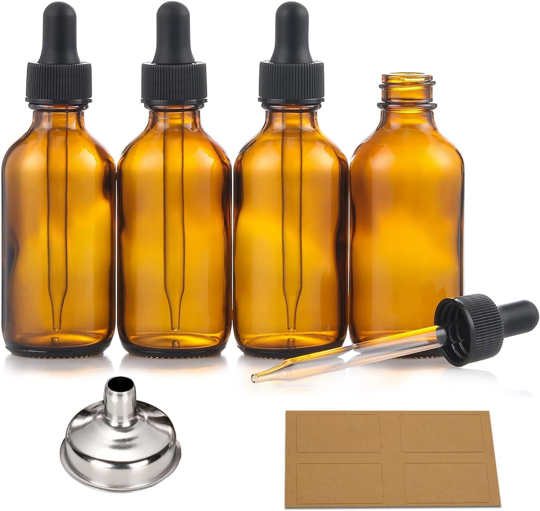 AOZITA 4 Pack, 2 Oz Dropper Bottles with 1 Funnel & 4 Labels - Essential Oils Bottles for Health, Personal Care & Beauty - 60Ml Thick Dark Amber Glass Tincture Bottles with Eye Droppers, Leakproof